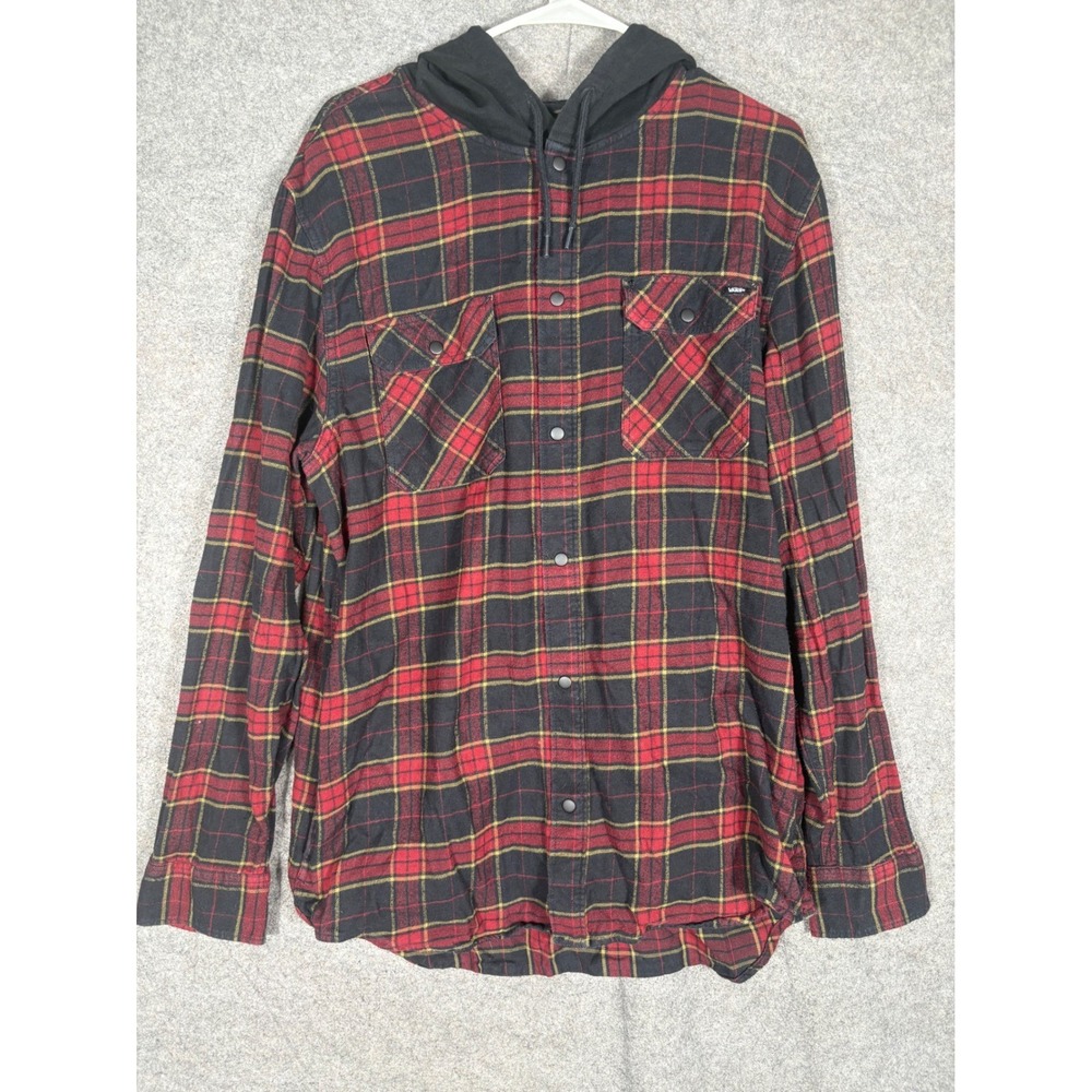 Vans Mens XL Red Black Plaid Hooded Flannel Shirt Classic Fit Snap Front VN-2C